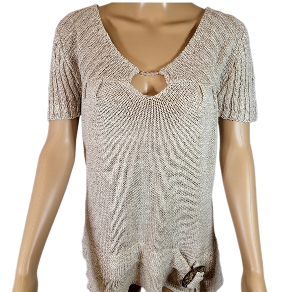 Ladies cream Knit Braid Top V neck with rainstones, Size Large - Picture 2 of 8